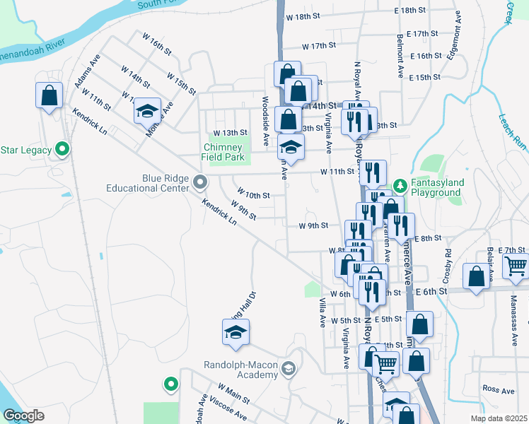 map of restaurants, bars, coffee shops, grocery stores, and more near 327 West 9th Street in Front Royal
