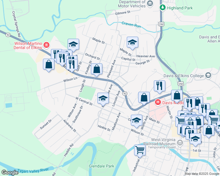 map of restaurants, bars, coffee shops, grocery stores, and more near 308 Robert E Lee Avenue in Elkins