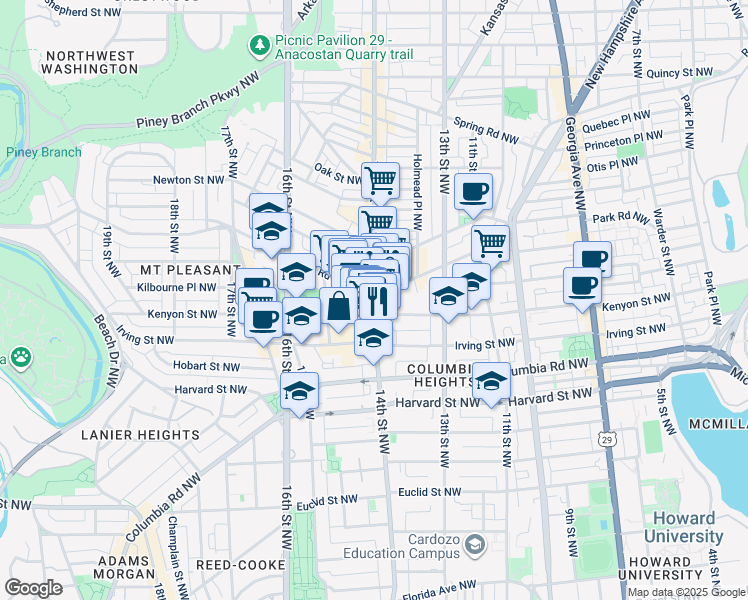 map of restaurants, bars, coffee shops, grocery stores, and more near 1429 Kenyon Street Northwest in Washington