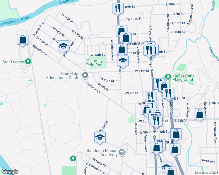 map of restaurants, bars, coffee shops, grocery stores, and more near 335 West 9th Street in Front Royal