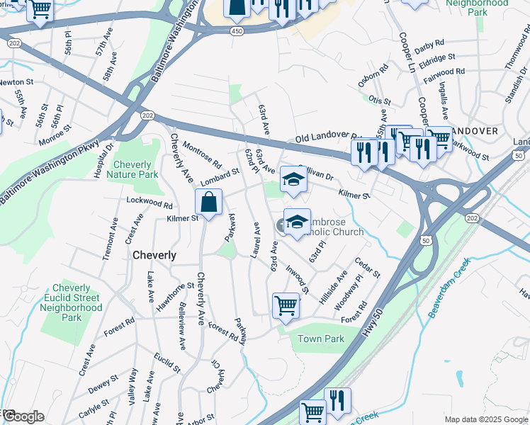 map of restaurants, bars, coffee shops, grocery stores, and more near 3126 63rd Avenue in Cheverly