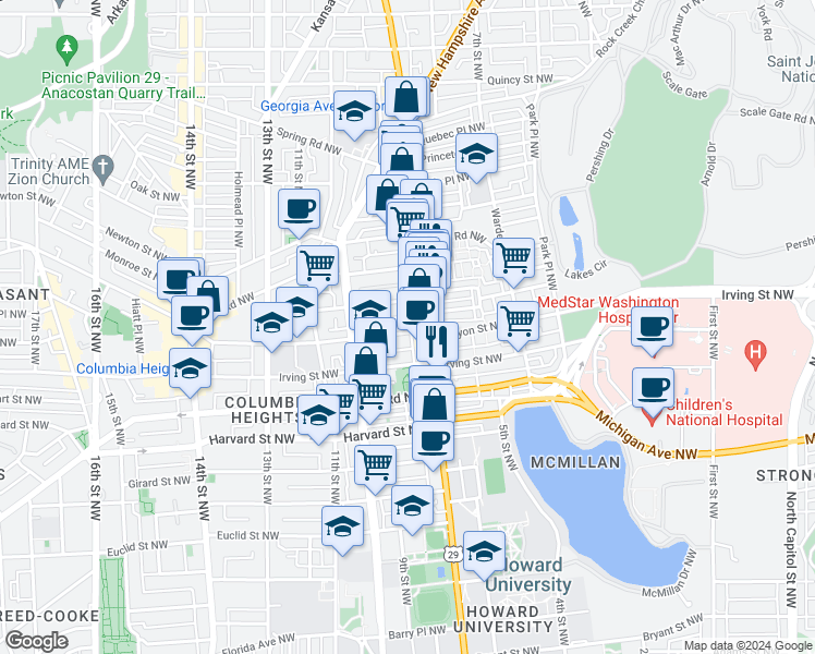 map of restaurants, bars, coffee shops, grocery stores, and more near 715 Kenyon Street Northwest in Washington