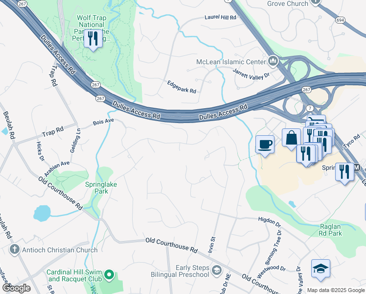 map of restaurants, bars, coffee shops, grocery stores, and more near 1621 Montmorency Drive in Vienna