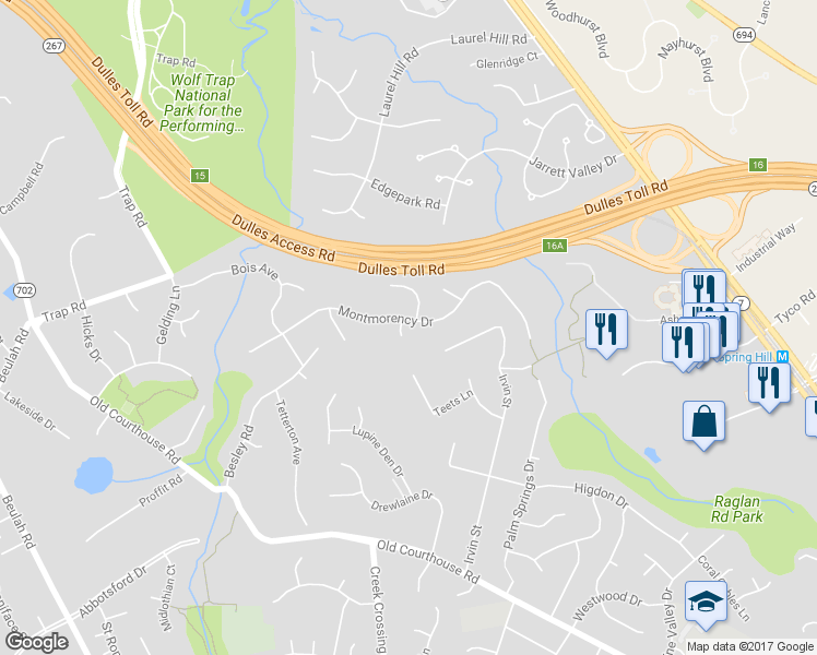 map of restaurants, bars, coffee shops, grocery stores, and more near 1621 Montmorency Drive in Vienna