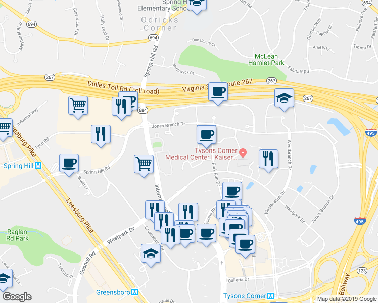 map of restaurants, bars, coffee shops, grocery stores, and more near 1517 Lincoln Way in McLean