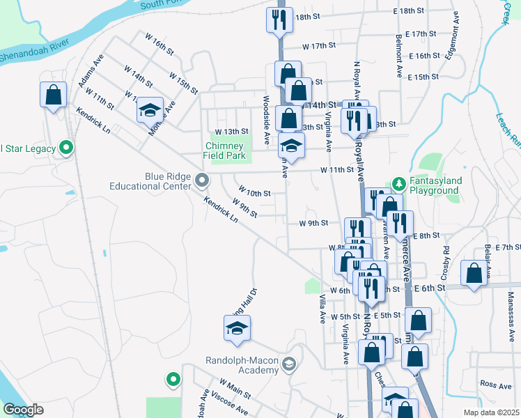 map of restaurants, bars, coffee shops, grocery stores, and more near 335 West 9th Street in Front Royal