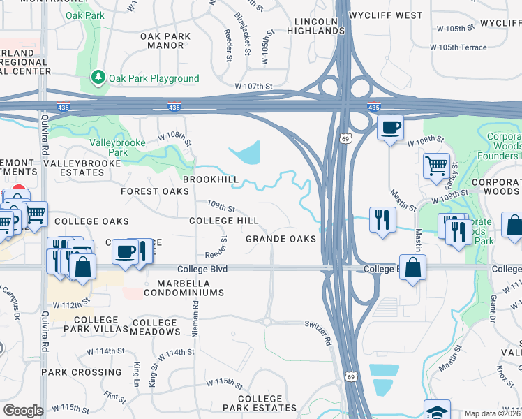 map of restaurants, bars, coffee shops, grocery stores, and more near 10700 West 109th Street in Overland Park