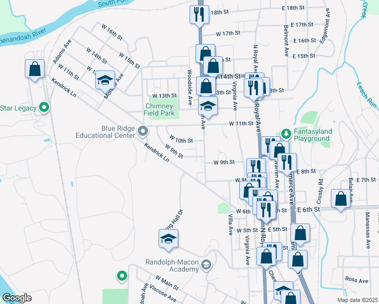 map of restaurants, bars, coffee shops, grocery stores, and more near 327 West 9th Street in Front Royal