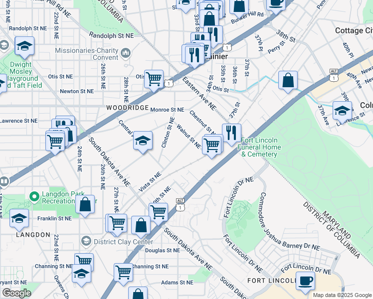 map of restaurants, bars, coffee shops, grocery stores, and more near 3061 Vista Street Northeast in Washington