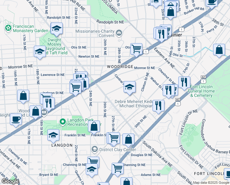 map of restaurants, bars, coffee shops, grocery stores, and more near 2621 Myrtle Avenue Northeast in Washington