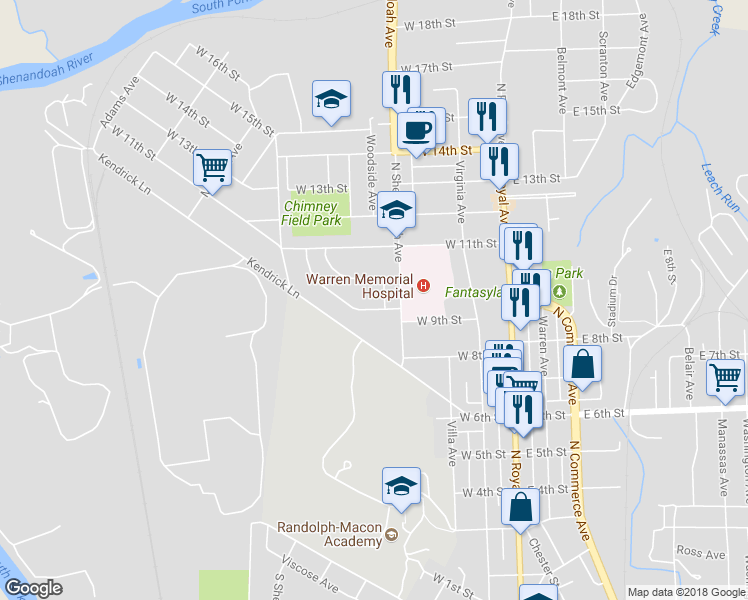 map of restaurants, bars, coffee shops, grocery stores, and more near 323 West 9th Street in Front Royal