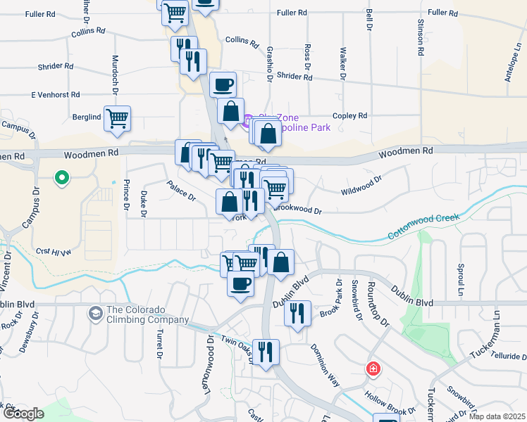 map of restaurants, bars, coffee shops, grocery stores, and more near N Academy Blvd & York Rd in Colorado Springs