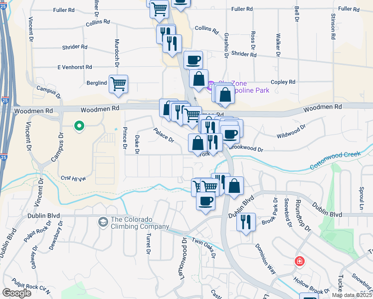 map of restaurants, bars, coffee shops, grocery stores, and more near 6737 Palace Drive in Colorado Springs