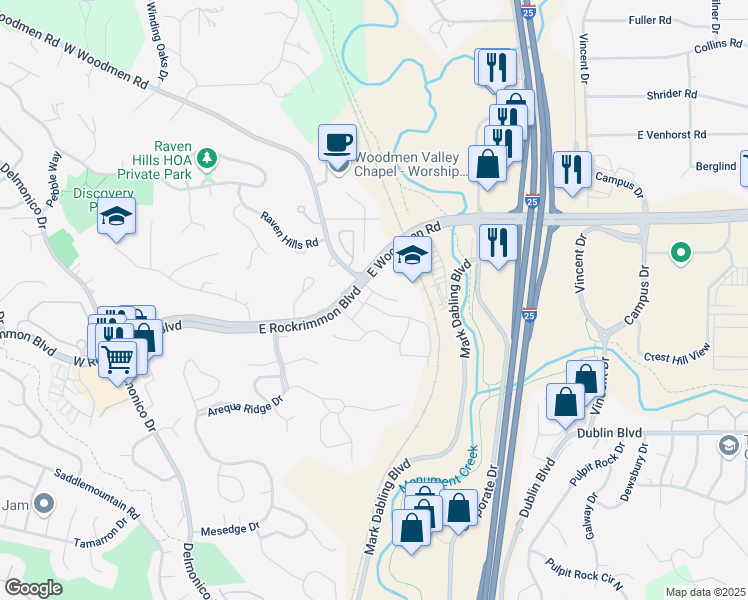 map of restaurants, bars, coffee shops, grocery stores, and more near 6817 Ravencrest Drive in Colorado Springs