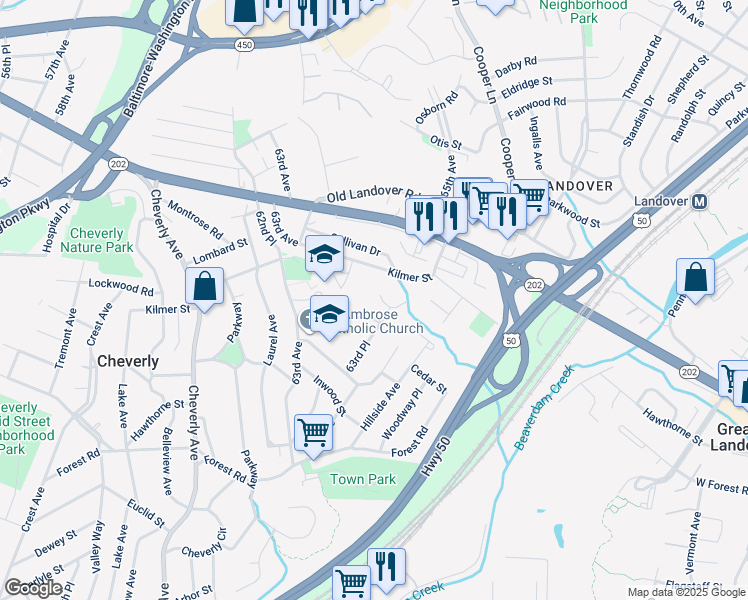 map of restaurants, bars, coffee shops, grocery stores, and more near 3206 Cheverly Hills Court in Cheverly