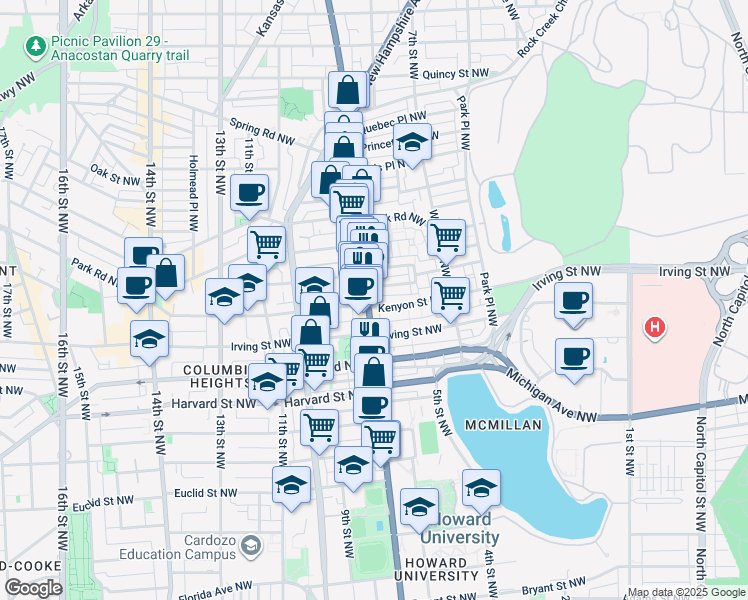 map of restaurants, bars, coffee shops, grocery stores, and more near 3205 Georgia Avenue Northwest in Washington