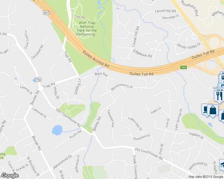 map of restaurants, bars, coffee shops, grocery stores, and more near 1644 Montmorency Drive in Vienna