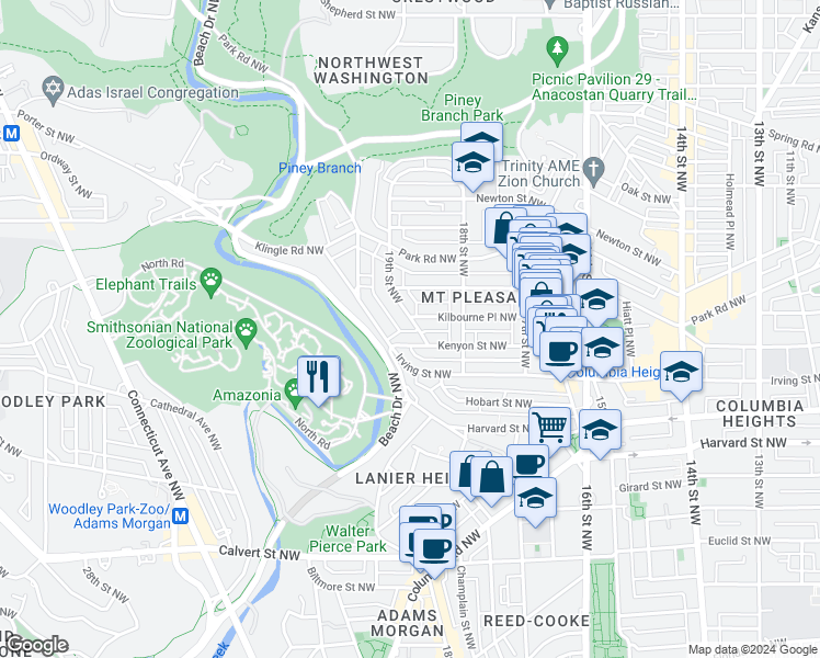 map of restaurants, bars, coffee shops, grocery stores, and more near 3104 19th Street Northwest in Washington