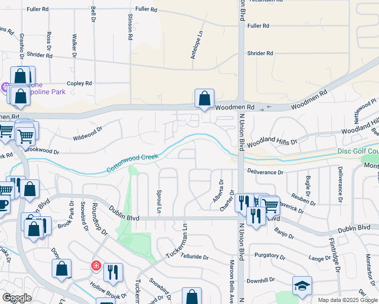 map of restaurants, bars, coffee shops, grocery stores, and more near 2579 Infinity Place in Colorado Springs
