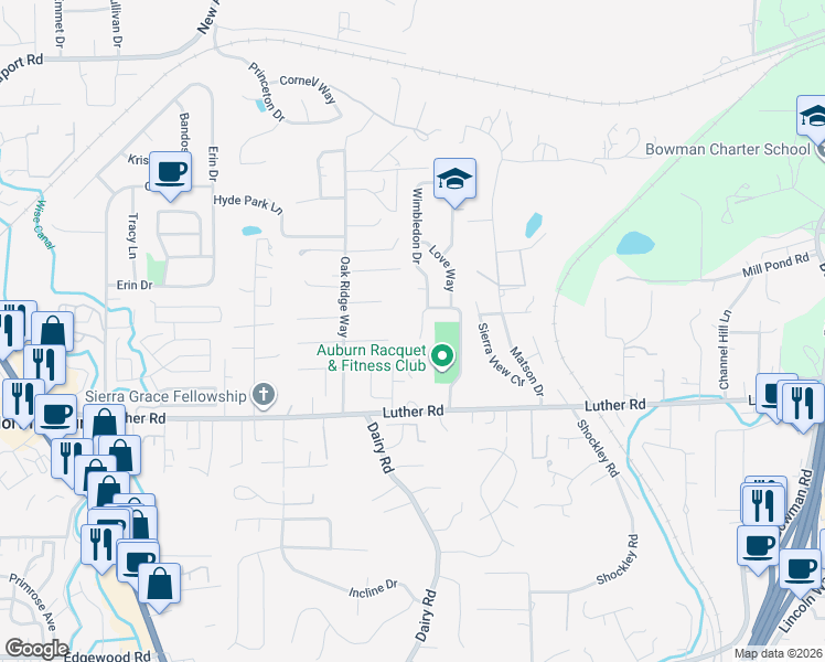 map of restaurants, bars, coffee shops, grocery stores, and more near 1390 Racquet Club Drive in Auburn