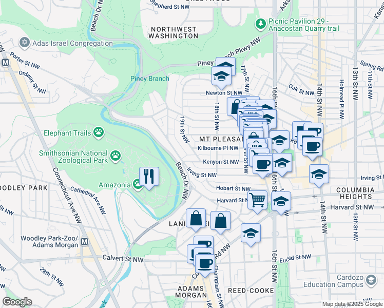map of restaurants, bars, coffee shops, grocery stores, and more near 3104 19th Street Northwest in Washington