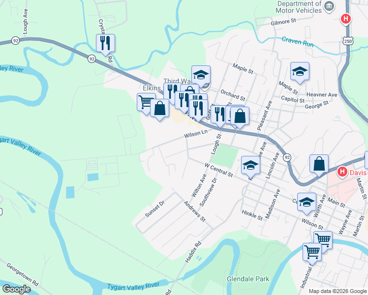 map of restaurants, bars, coffee shops, grocery stores, and more near 1008 West Central Street in Elkins