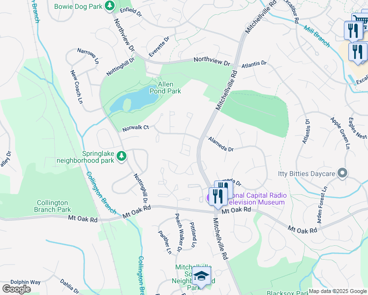 map of restaurants, bars, coffee shops, grocery stores, and more near 2960 November Court in Bowie