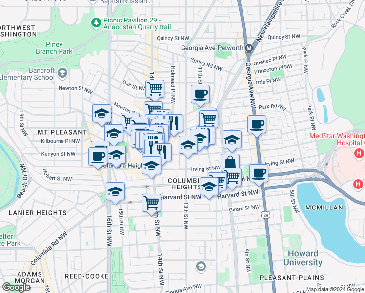 map of restaurants, bars, coffee shops, grocery stores, and more near 3216 13th Street Northwest in Washington