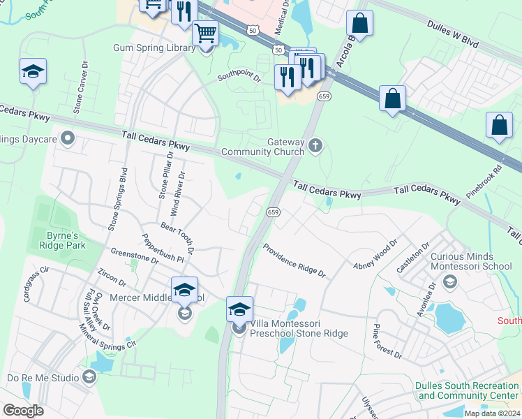 map of restaurants, bars, coffee shops, grocery stores, and more near Dean Chapel Square in Chantilly