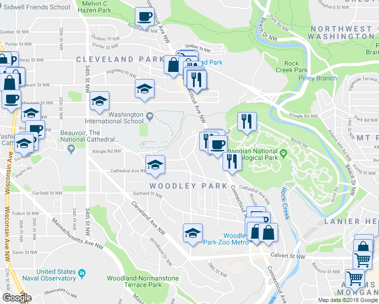 map of restaurants, bars, coffee shops, grocery stores, and more near 2809 Cortland Place Northwest in Washington