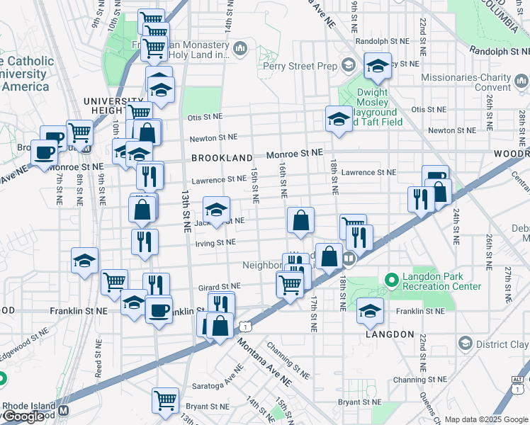 map of restaurants, bars, coffee shops, grocery stores, and more near 1510 Jackson Street Northeast in Washington