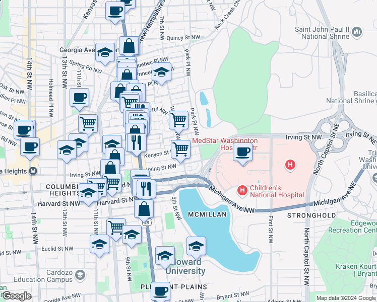 map of restaurants, bars, coffee shops, grocery stores, and more near 440 Kenyon Street Northwest in Washington