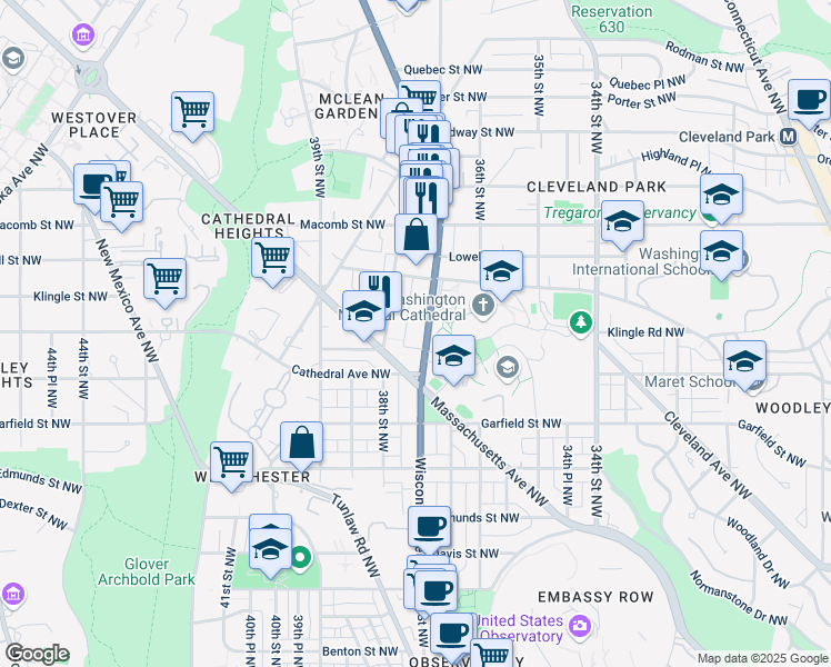 map of restaurants, bars, coffee shops, grocery stores, and more near 3026 Wisconsin Avenue Northwest in Washington