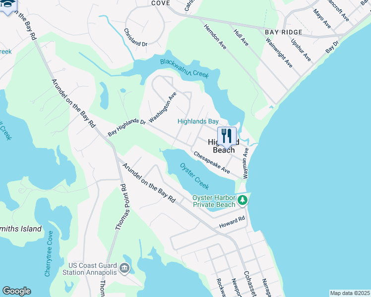 map of restaurants, bars, coffee shops, grocery stores, and more near 1209 Bay Highlands Drive in Annapolis