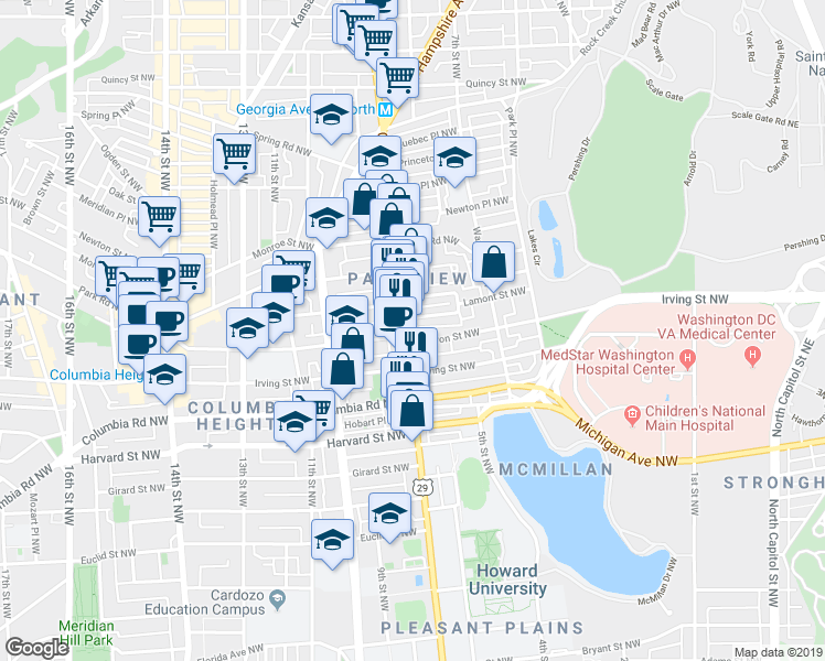 map of restaurants, bars, coffee shops, grocery stores, and more near 3205 Georgia Avenue Northwest in Washington