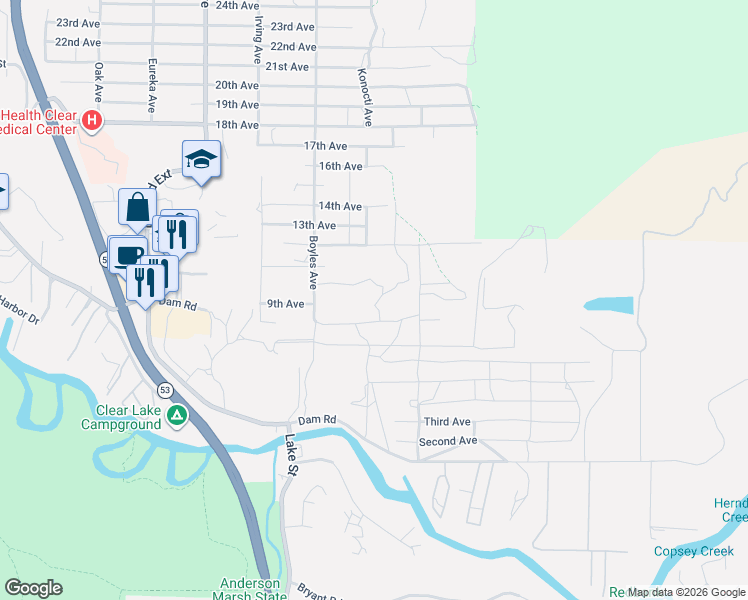 map of restaurants, bars, coffee shops, grocery stores, and more near 16232 10th Avenue in Clearlake