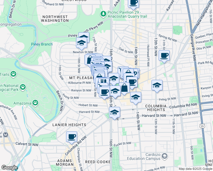 map of restaurants, bars, coffee shops, grocery stores, and more near 3150 16th Street Northwest in Washington