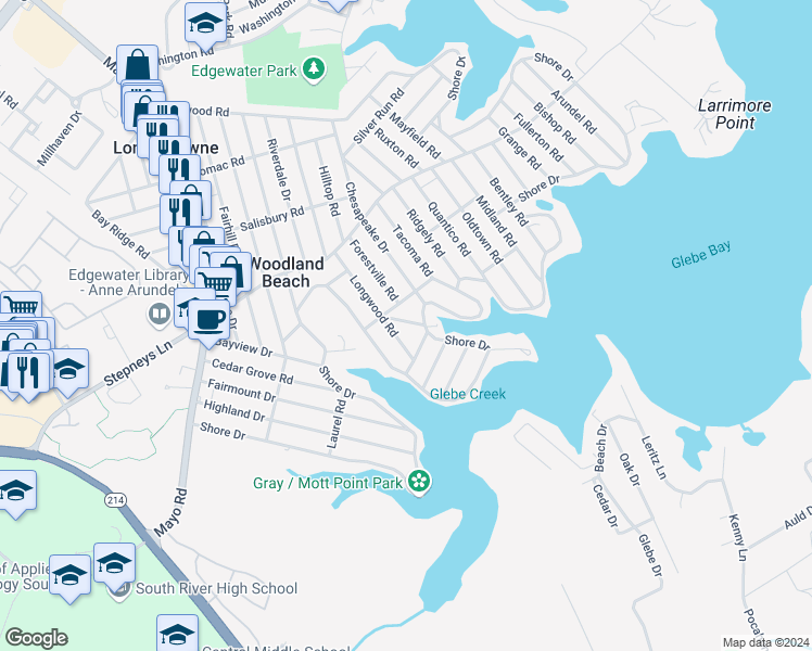 map of restaurants, bars, coffee shops, grocery stores, and more near 509 Westminister Road in Edgewater