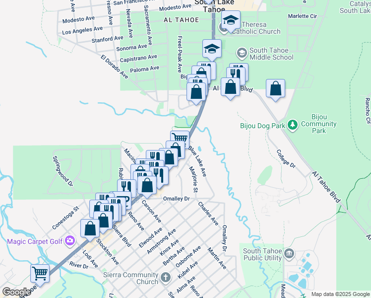 map of restaurants, bars, coffee shops, grocery stores, and more near 2774 Lake Tahoe Boulevard in South Lake Tahoe