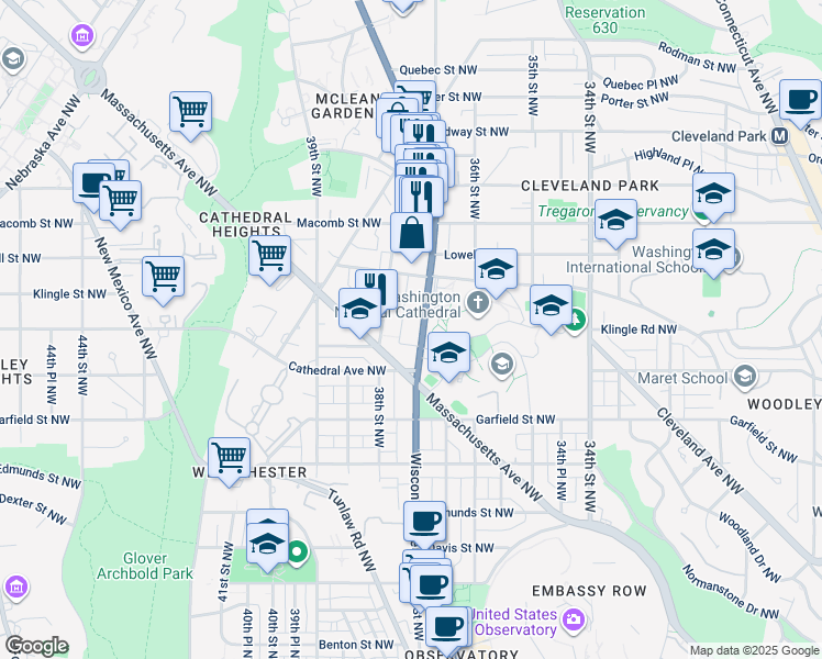 map of restaurants, bars, coffee shops, grocery stores, and more near 3026 Wisconsin Avenue Northwest in Washington