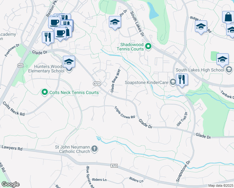 map of restaurants, bars, coffee shops, grocery stores, and more near 2429 Glade Bank Way in Reston
