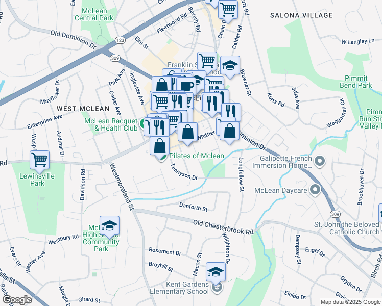 map of restaurants, bars, coffee shops, grocery stores, and more near 1504 Laughlin Avenue in McLean