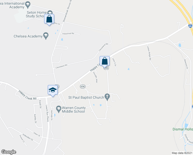 map of restaurants, bars, coffee shops, grocery stores, and more near 79 Houghs Way in Front Royal
