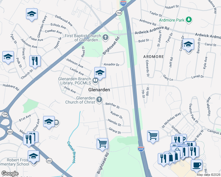 map of restaurants, bars, coffee shops, grocery stores, and more near Glenarden Parkway in Glenarden