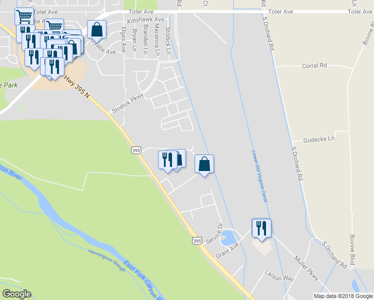map of restaurants, bars, coffee shops, grocery stores, and more near 1485 Industrial Way in Gardnerville