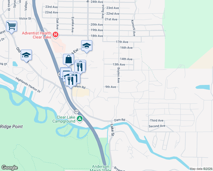 map of restaurants, bars, coffee shops, grocery stores, and more near 16024 9th Avenue in Clearlake