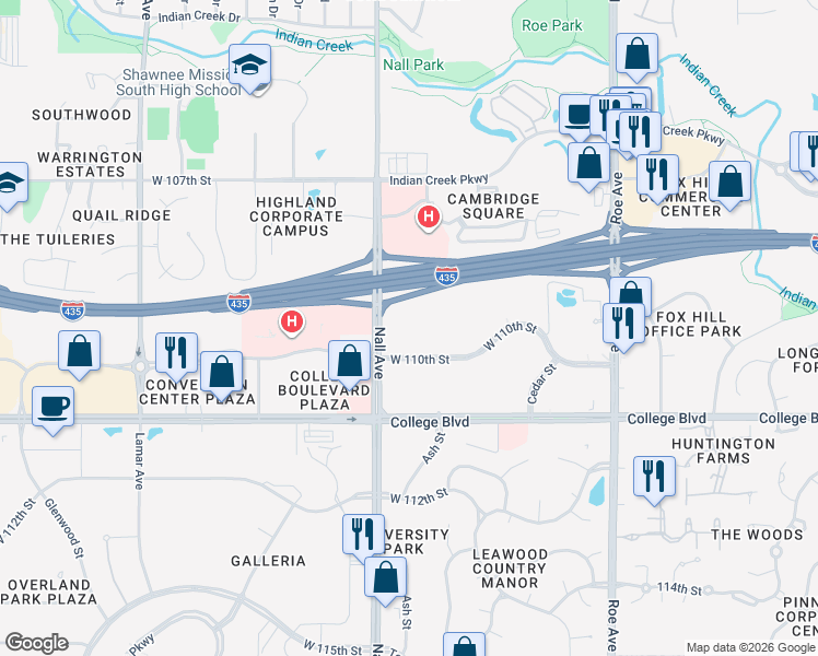 map of restaurants, bars, coffee shops, grocery stores, and more near 5454 West 110th Street in Leawood