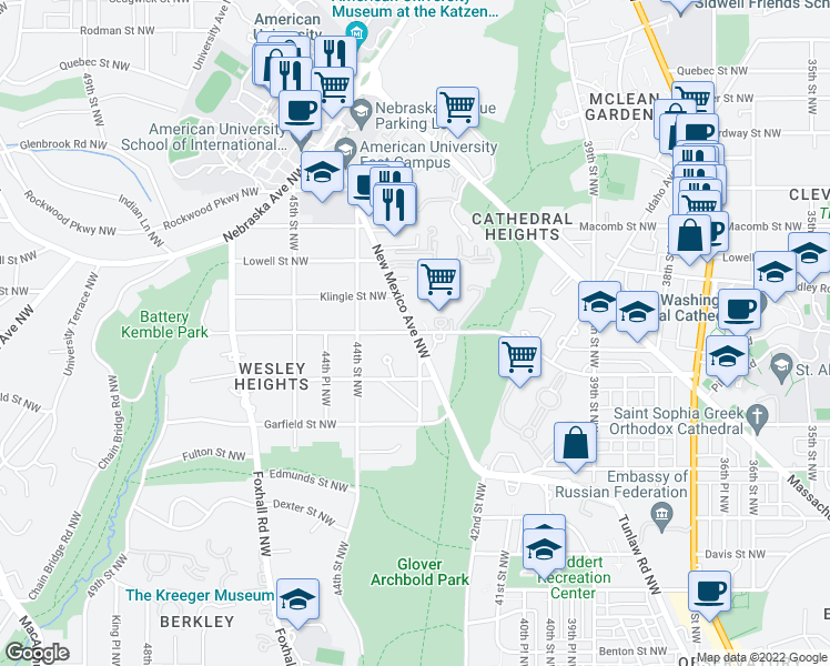 map of restaurants, bars, coffee shops, grocery stores, and more near New Mexico Ave NW & Cathedral Ave NW in Washington