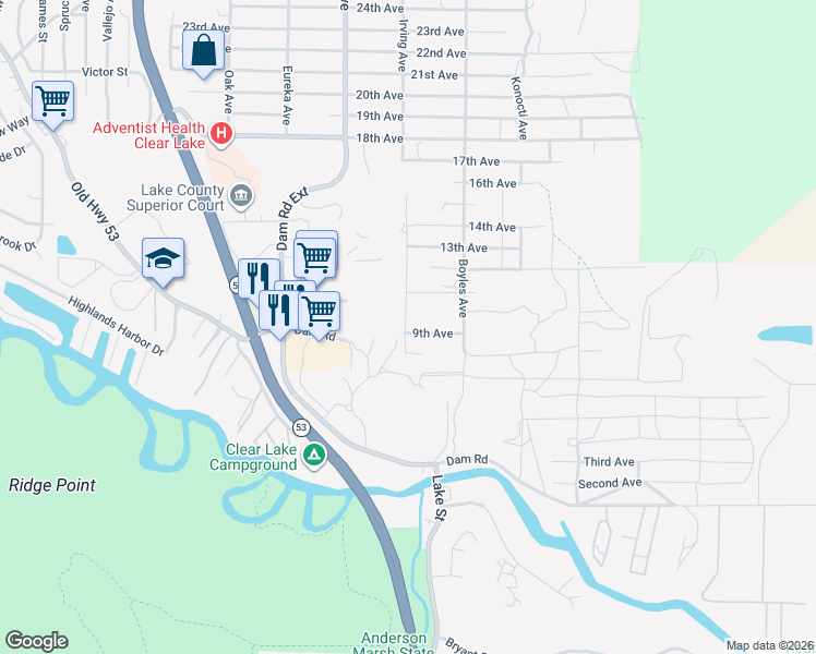 map of restaurants, bars, coffee shops, grocery stores, and more near 16024 9th Avenue in Clearlake