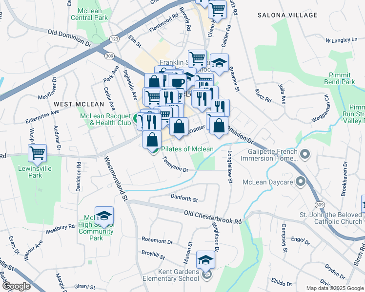 map of restaurants, bars, coffee shops, grocery stores, and more near 1504 Laughlin Avenue in McLean